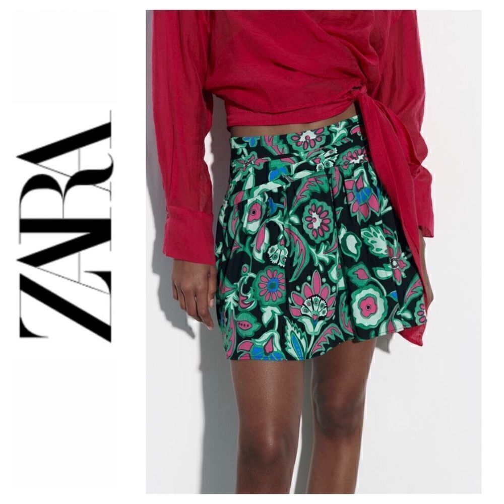 NWT Zara Multicolored Floral Print Linen Blend High Waisted A-Line Mini Skirt
